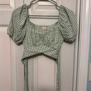 Altar'd State Green and White Puff Sleeve Crop Blouse